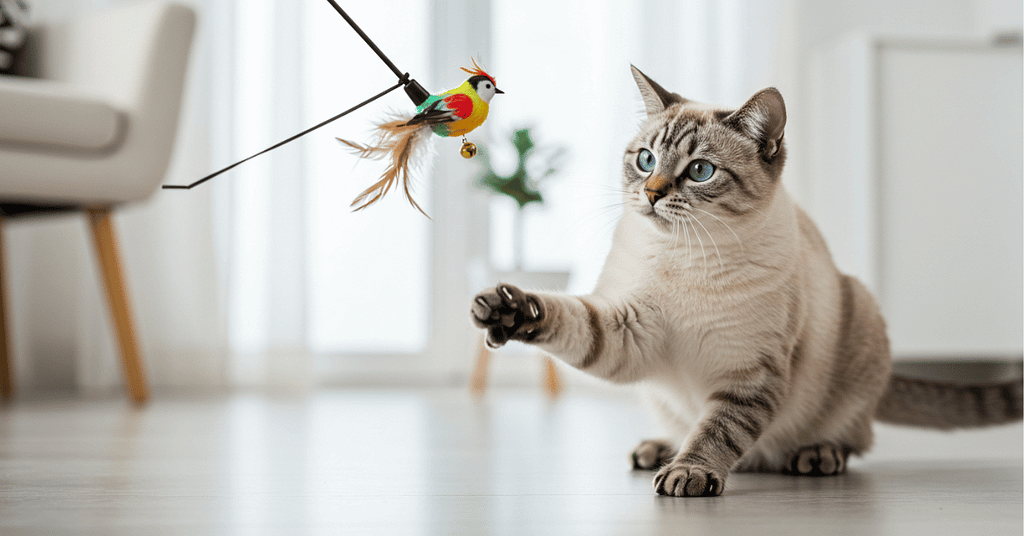 Cat playing with a bird-shaped wand, showing how interactive cat toys boost engagement.