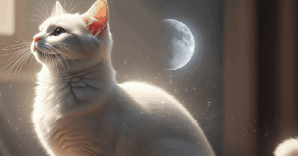 White cat illuminated by soft moonlight, symbolizing the spirituality of cats and the calm, mystical energy they bring to a home.”