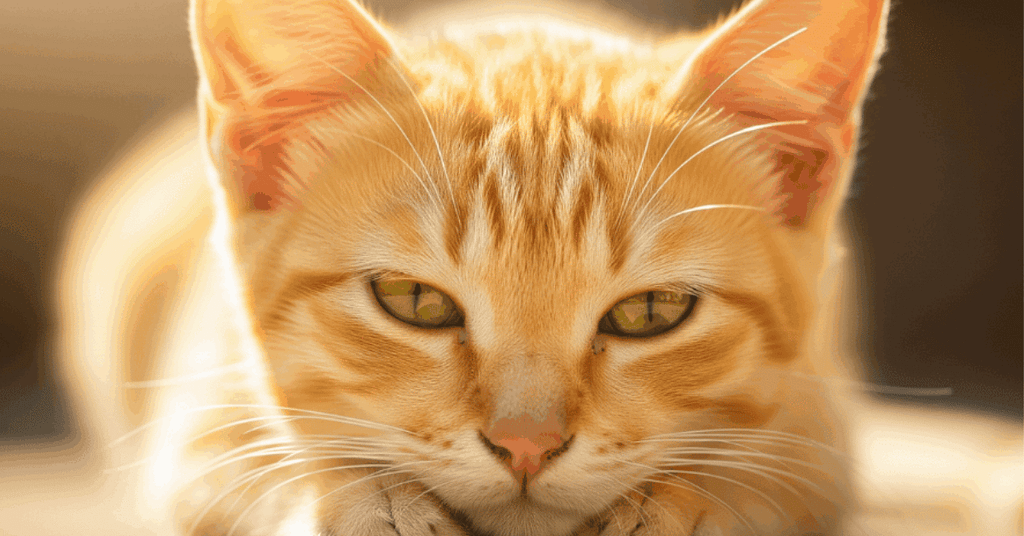 Cat emotions illustrated by a close-up of an orange kitten resting quietly, with relaxed posture and half-closed eyes.