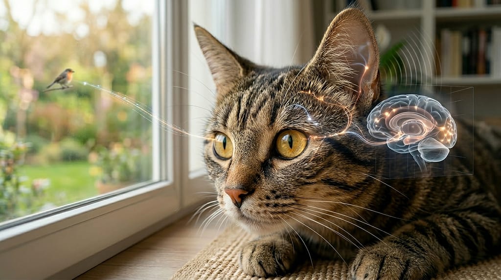 Cat sitting by a window observing a bird, illustrating the neurobiology of cat behavior.