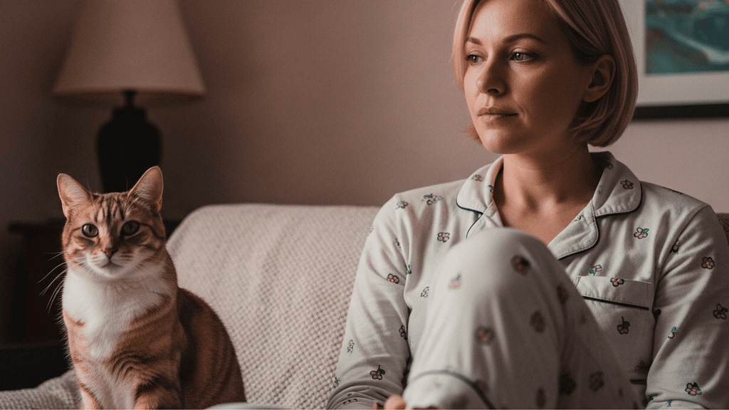 A cat sitting calmly near its owner during a quiet emotional moment, highlighting subtle can cats sense human emotion