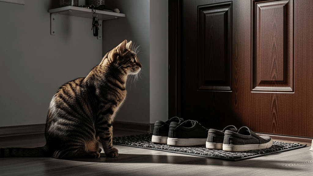 A cat waiting near the door as shoes are put on, showing how cats learn emotional patterns through repeated daily routines.