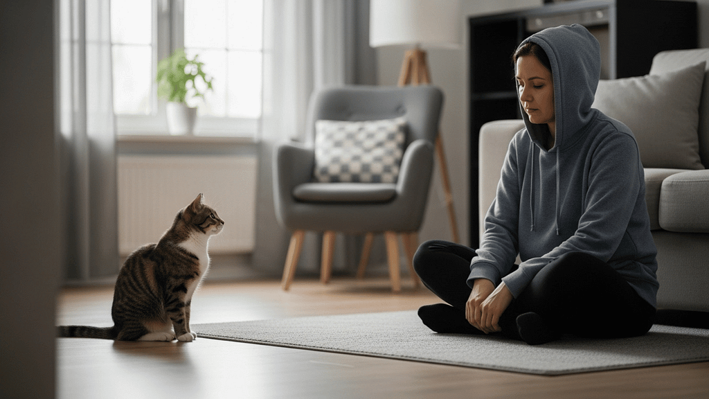 A cat calmly observing its owner from a short distance, noticing subtle changes in posture and presence that explain how cats detect changes in human emotions.