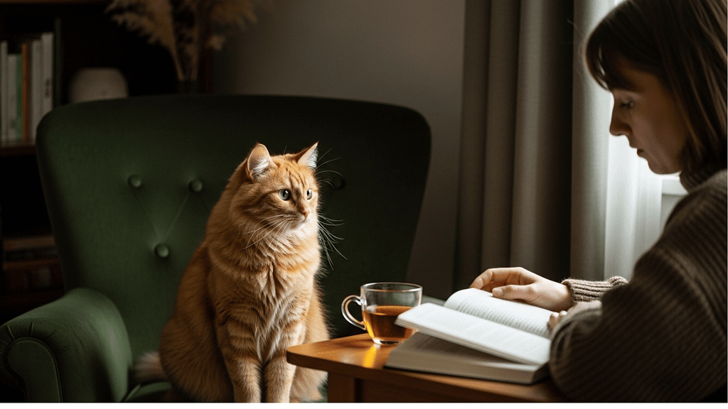 A cat sitting calmly near its owner during a quiet moment at home, illustrating why it feels like my cat knows how I’m feeling.