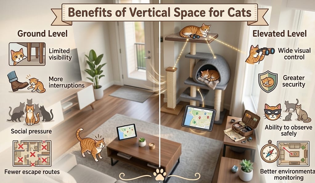 Infographic explaining why cats need vertical space, highlighting improved visibility, security, escape options, and environmental awareness.