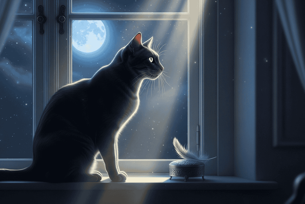 The meaning of cats in dreams: a cat sitting on a window ledge at night, moonlight streaming in, with a mystical and calm atmosphere, dreamlike