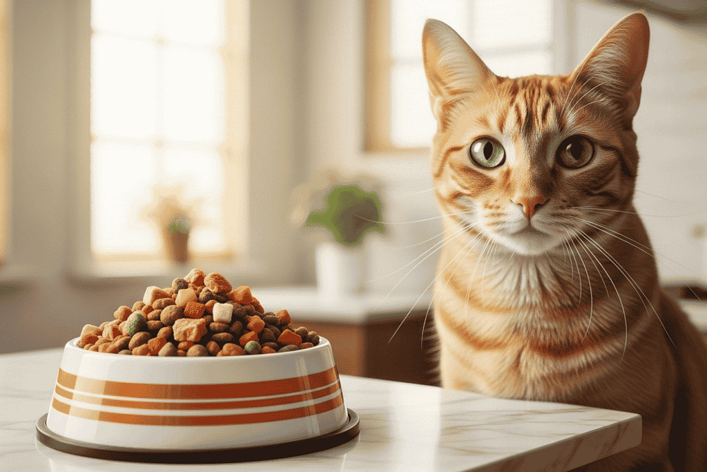 Is premium cat food better ? a premium cat food bowl filled with high quality kibble showing visible pieces of meat, colorful vegetables and varied textures on a clean white table. Next to the food, a beautiful, healthy orange tabby cat with bright green eyes, shiny shiny coat.