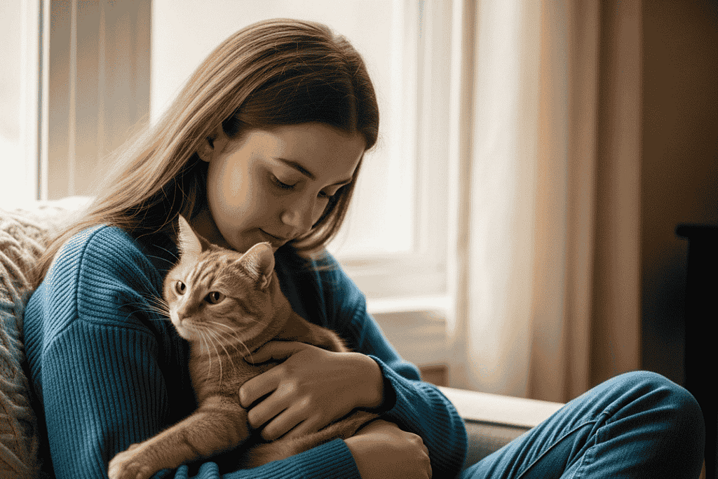 “Woman sitting with her cat, sharing a quiet moment of comfort and connection — illustrating how cats help with depression through unconditional love and emotional healing