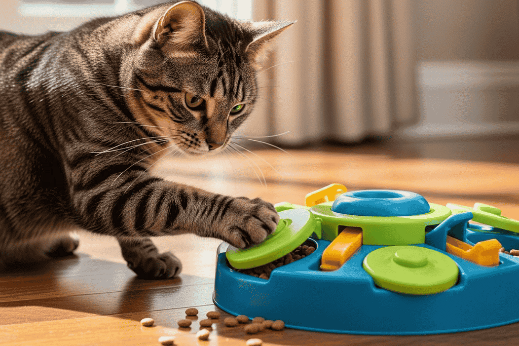 Cat using a colorful puzzle feeder, a type of interactive cat toys for enrichment.