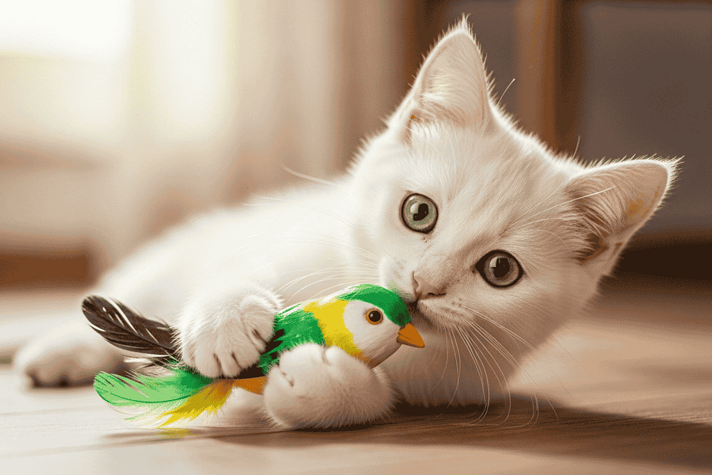Cat interacting with an electronic bird toy, highlighting the benefits of interactive cat toys.