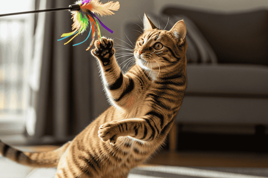 A cat jumping off the ground to catch a moving toy wand interactive cat toy.