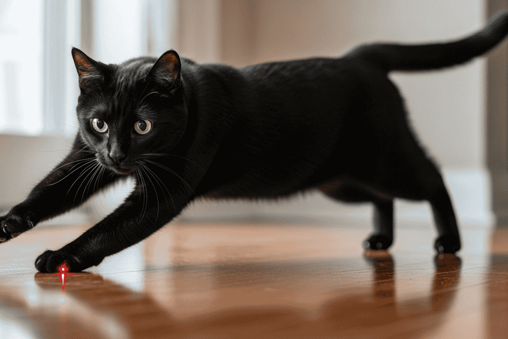 Cat chasing a moving laser light as part of interactive cat toys playtime.