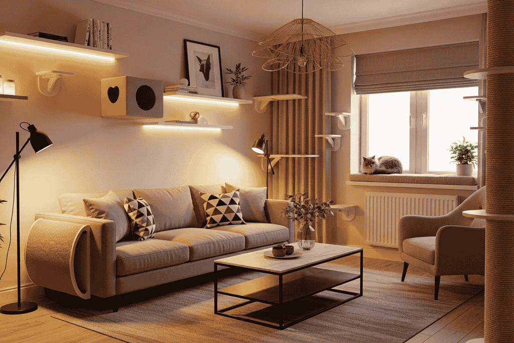 Catification: A cozy modern living room with soft lighting, elegant neutral furniture, and subtle catification elements — wall-mounted shelves, a cat lounging on a perch, and hidden litter box furniture.