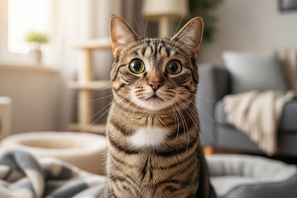 Close-up of a cat with dilated pupils, a physical symptom of stress and anxiety in cats.