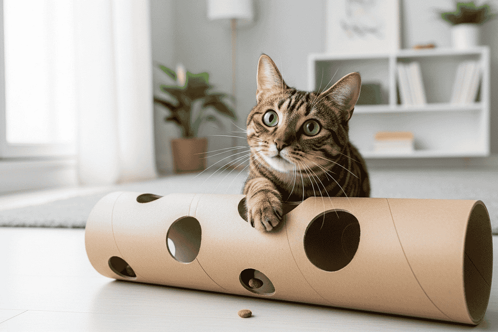 Minimalist DIY cat toy made from a recycled cardboard tube with a hidden treat, illustrated as one of the simple cat boredom solutions while an indoor cat interacts with it in a clean, neutral space.