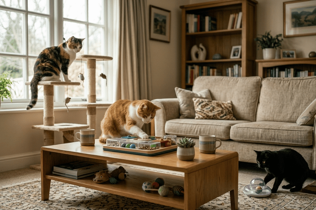 Several cats exploring enrichment toys, illustrating how preventing boredom in multi-cat homes