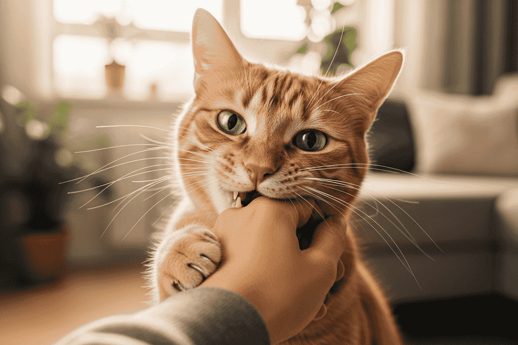 Orange tabby cat gently biting a human hand in a playful, non-aggressive manner to illustrate cat biting behavior