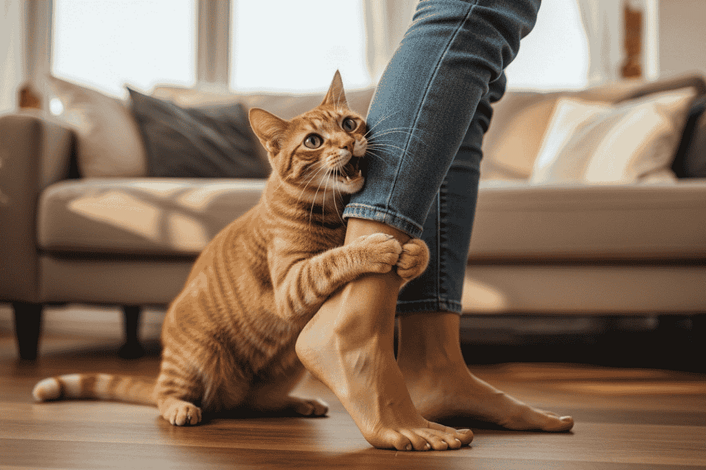 Why is my cat biting me : an orange tabby cat playfully biting the ankle of a woman standing in a modern living room.