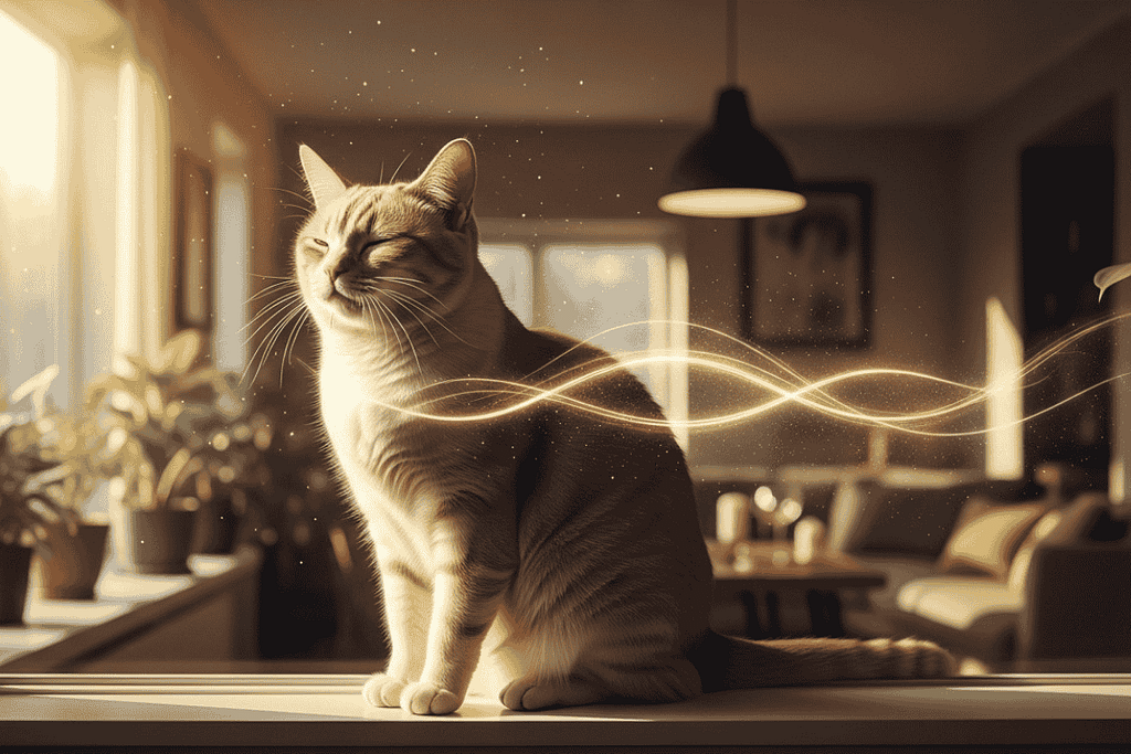 How cats change home energy through their calming presence: cat creating peaceful energy in a modern home interior.