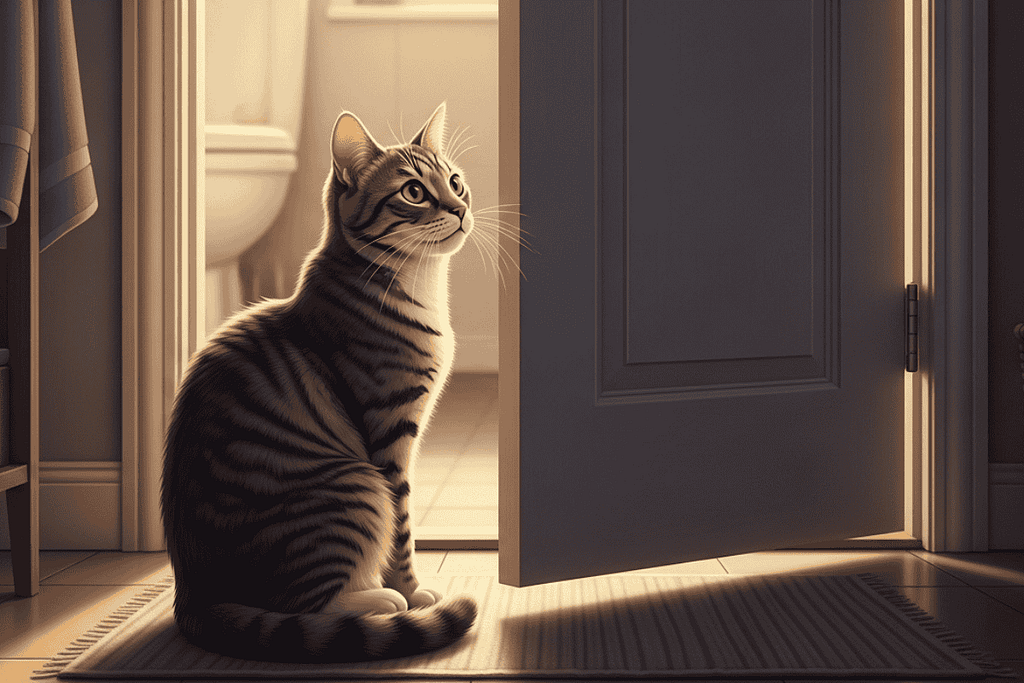 A tabby cat sitting by a half-open bathroom door, attentively watching someone inside — a visual example of why does my cat following to the bathroom and seeking closeness.