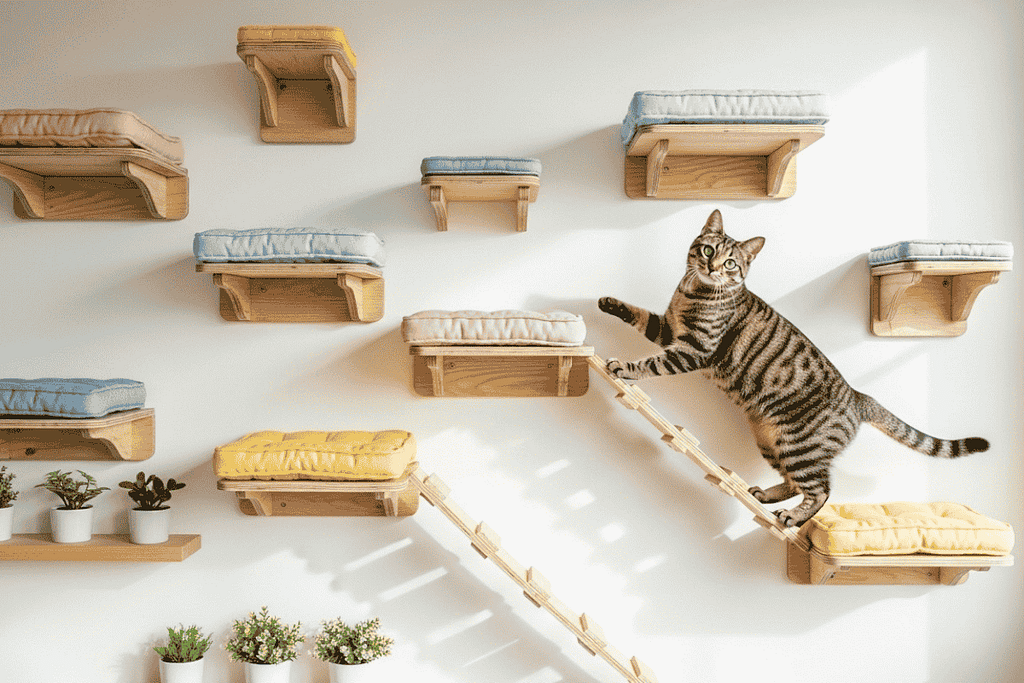 Cat wall plagyground: modern wall-mounted cat playground with floating shelves, hanging ropes, tobby cat jumping between platforms, contemporary interio