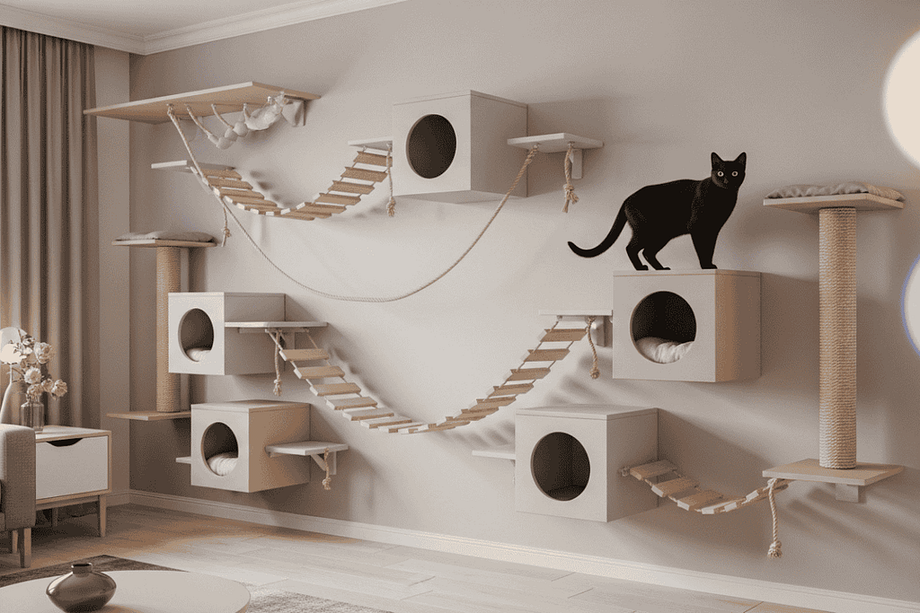 Cat wall playground: playful domestic cat exploring a modern cat wall playground in a cozy living room, wooden platforms, soft cushions, Scandinavian-style furniture, photorealistic