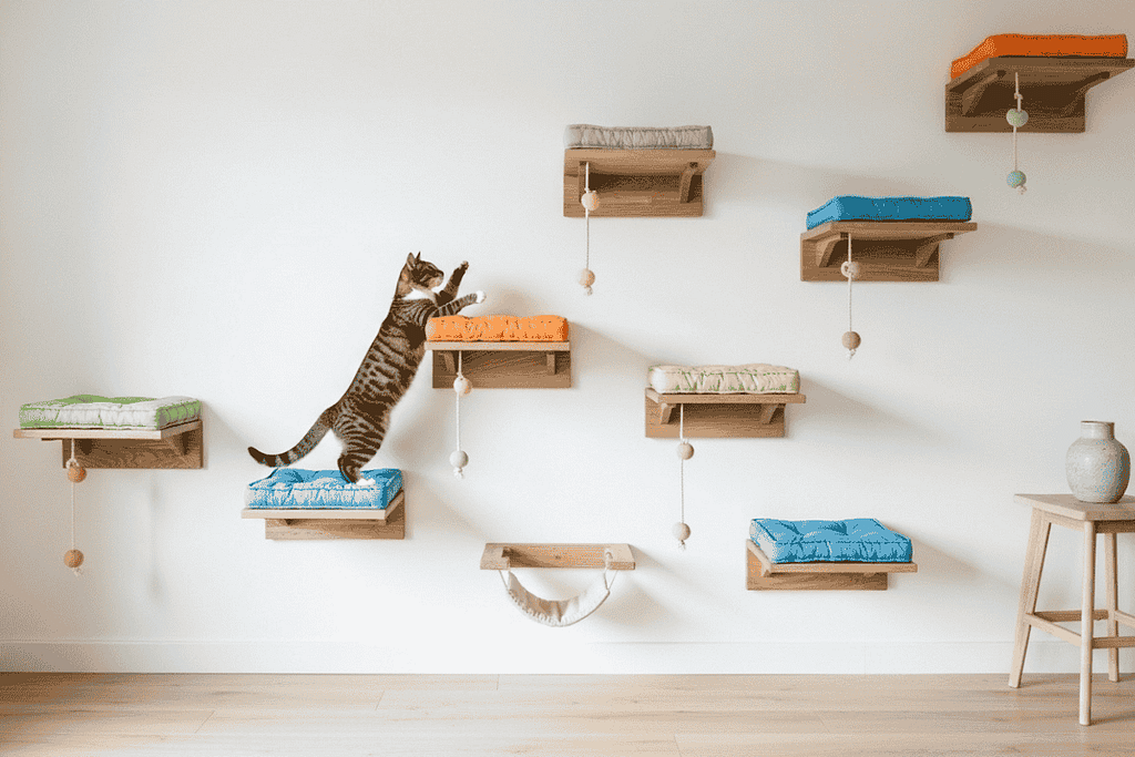 Cat wall playground with layered shelves, ramps, and cozy resting spots designed to create a stylish climbing and enrichment area for indoor cats”