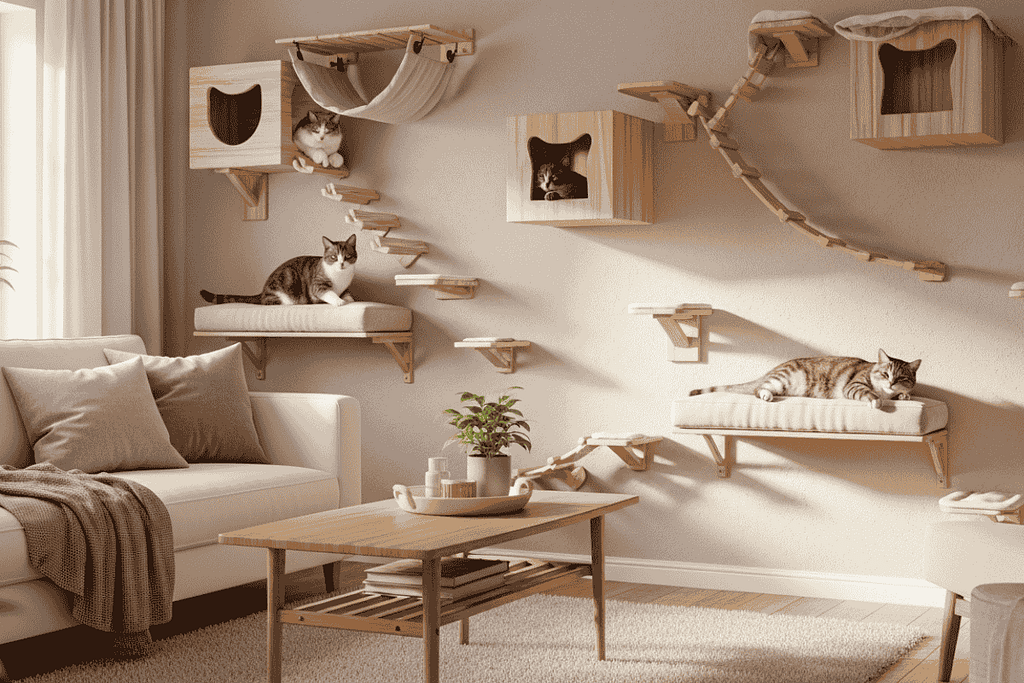 Cat wall playground with clean, minimalist shelves and integrated ramps that blend seamlessly into the room’s decor while giving cats a stylish and functional climbing space.