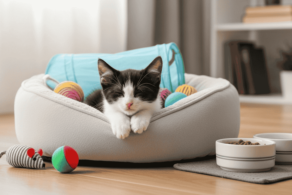 Rescue Cat starter Kit: a cozzy kitten cat resting in a soft bed surrounded by toys, bowls and a warm home environment