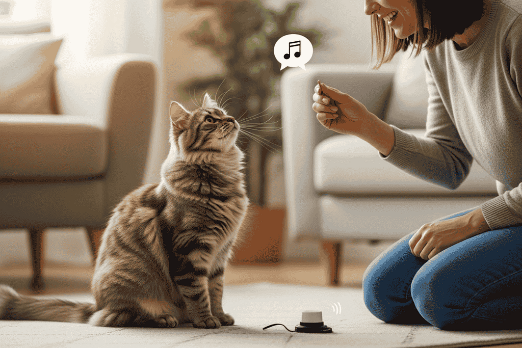 Woman training her cat to communicate with meows using treats, illustrating positive reinforcement and feline communication learning.