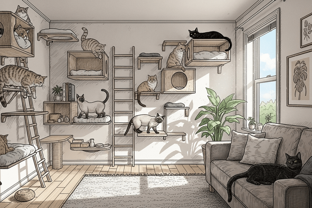 Modular wall cat shelves for small apartments, showing a cozy living room with modern wall-mounted platforms where a cat climbs and relaxes in a stylish, space-saving setup