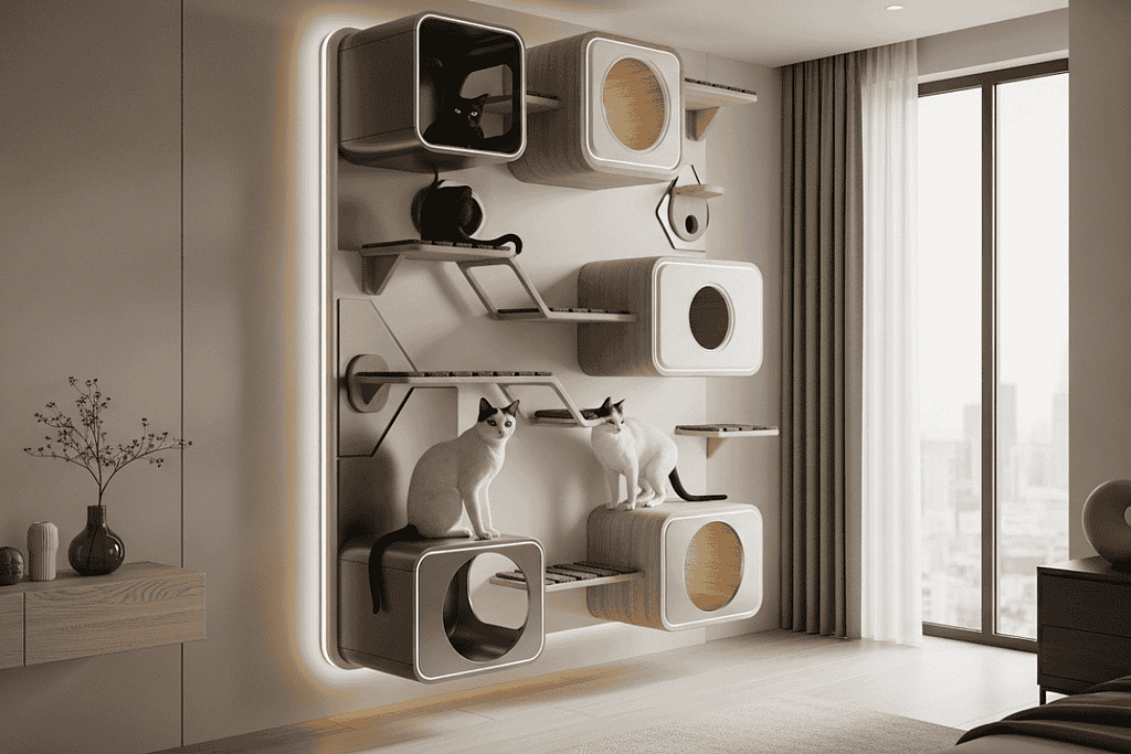Vertical cat spaces for small apartments featuring a tall cat wall with futuristic geometric shapes, modular floating pods and platforms, in a compact modern room with four cats exploring the setup.