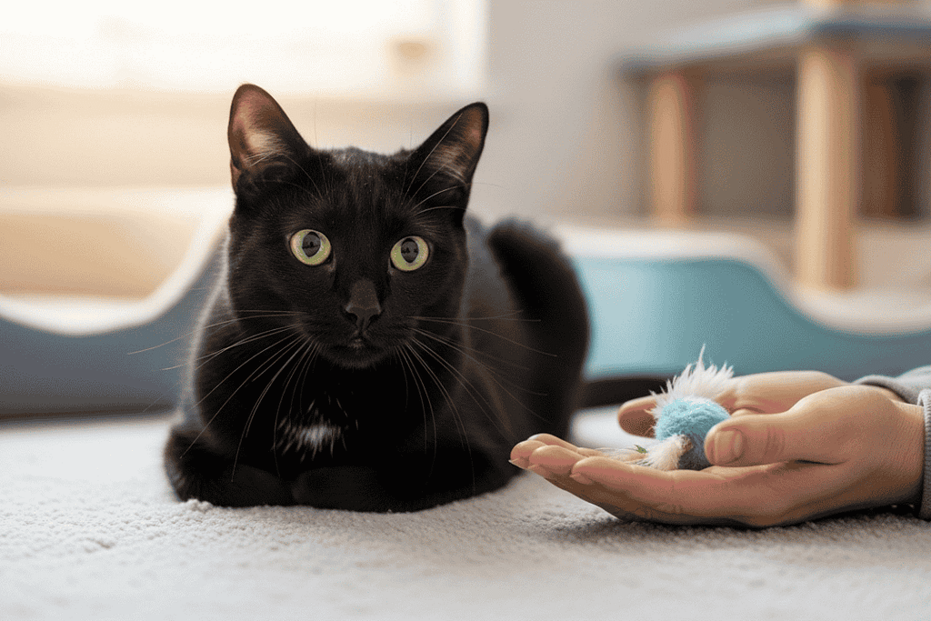 Luna, a sleek black cat with bright green eyes
