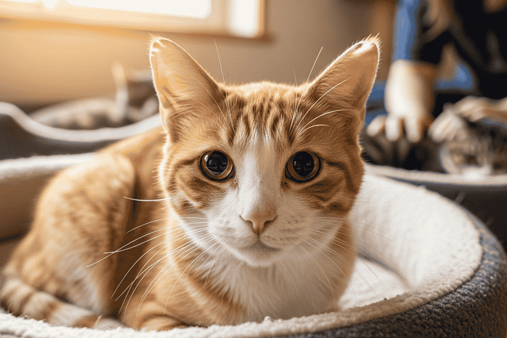Rescued senior cat Sam resting on soft blankets, looking up with gentle, hopeful eyes