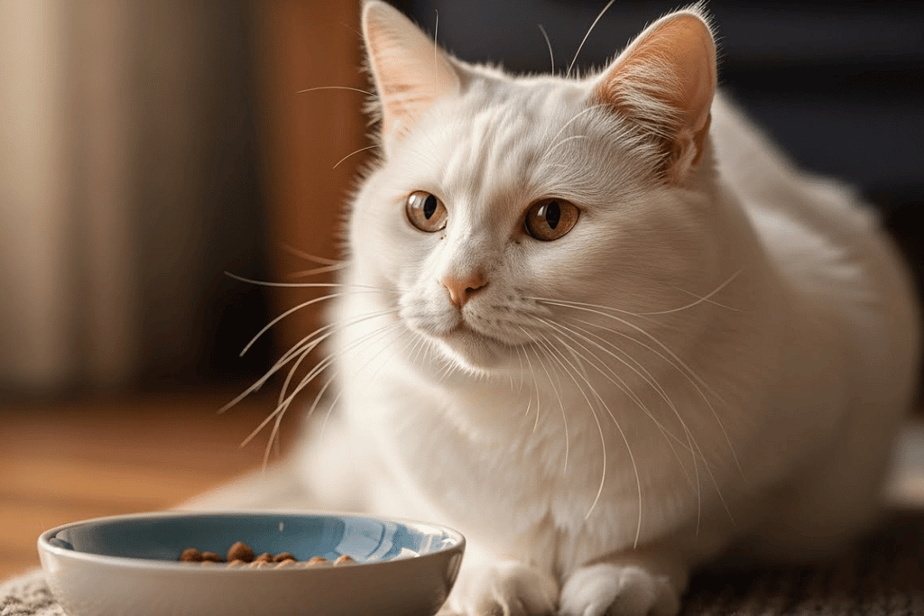 Adorable senior cat resting beside a small feeding bowl, illustrating a warm and gentle approach to feeding for senior cats
