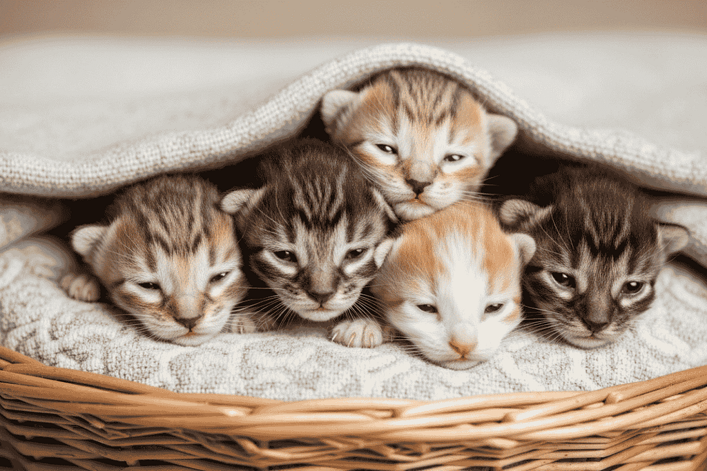 Rescue Stories of abandoned kittens: newborn kittens, with eyes still closed or slightly ajar, huddled together in a brown wicker basket, covered by a crochet blanket.