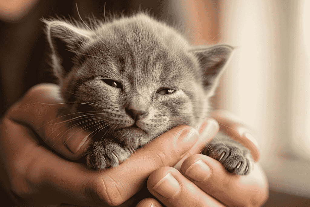 The rescue of Millie: A small, clean gray kitten nestled securely in a person's hands.