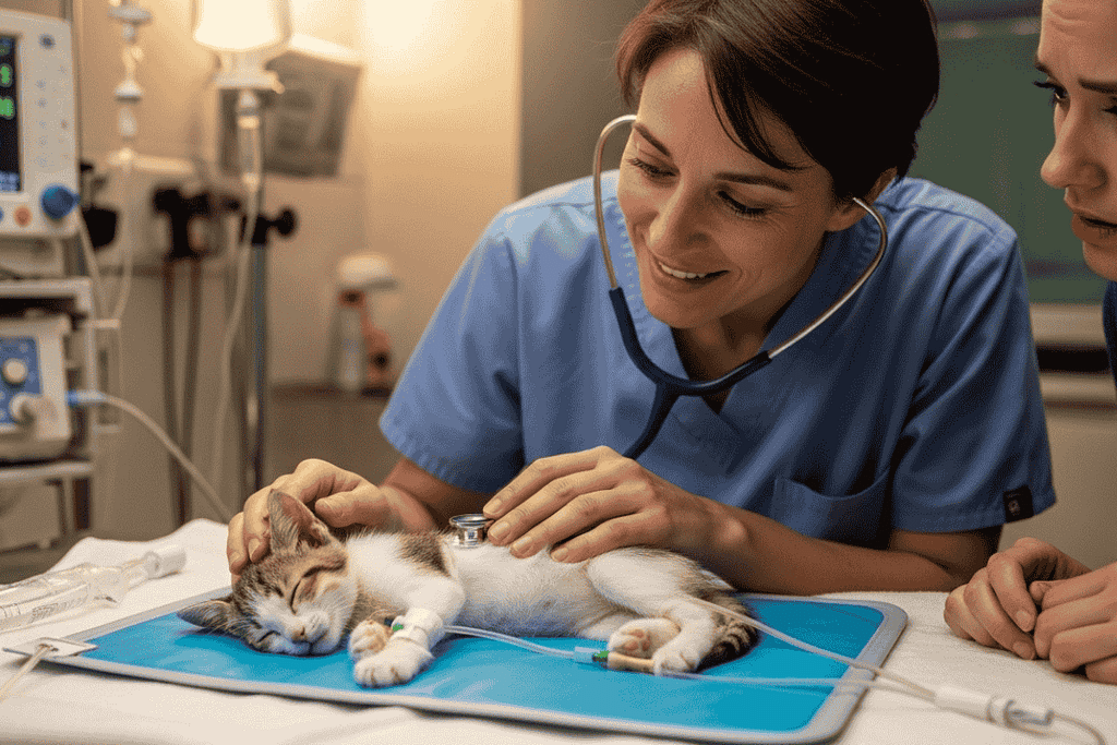 Luna’s fight for life: a fragile kitten lying on a veterinary examination table while a veterinarian in a lab coat examines her. A dark-haired rescuer watches in the background with a worried but hopeful expression