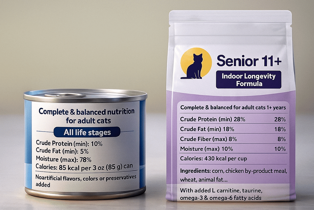 Illustration of two fictional senior cat food labels compared side by side, showing protein, fat, moisture, calories, and ingredients to demonstrate how to read cat food labels.