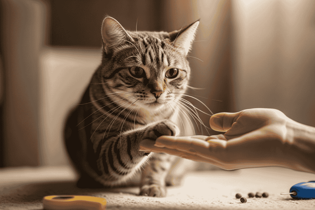 Cat touching a human hand during positive reinforcement training for rebellious cats