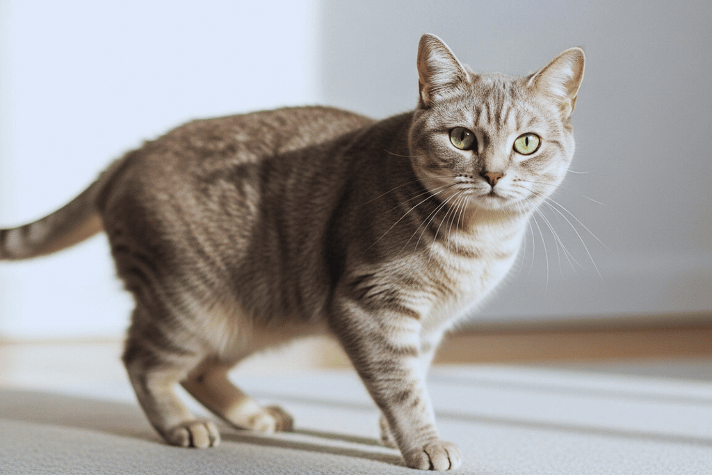 Adult cat body language: gray tabby cat with raised tail and alert ears showing confidence.