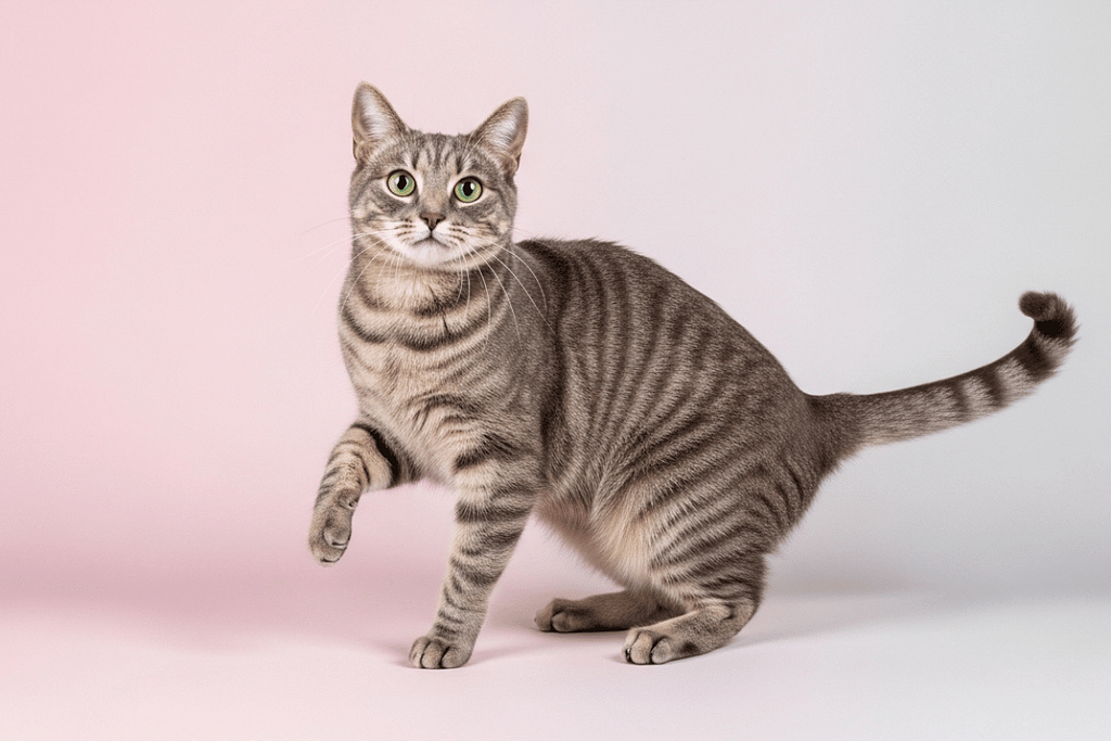 Gray tabby cat with upright tail sitting against a soft pink background, illustrating cat-body-language-by-age and how posture changes across life stages.