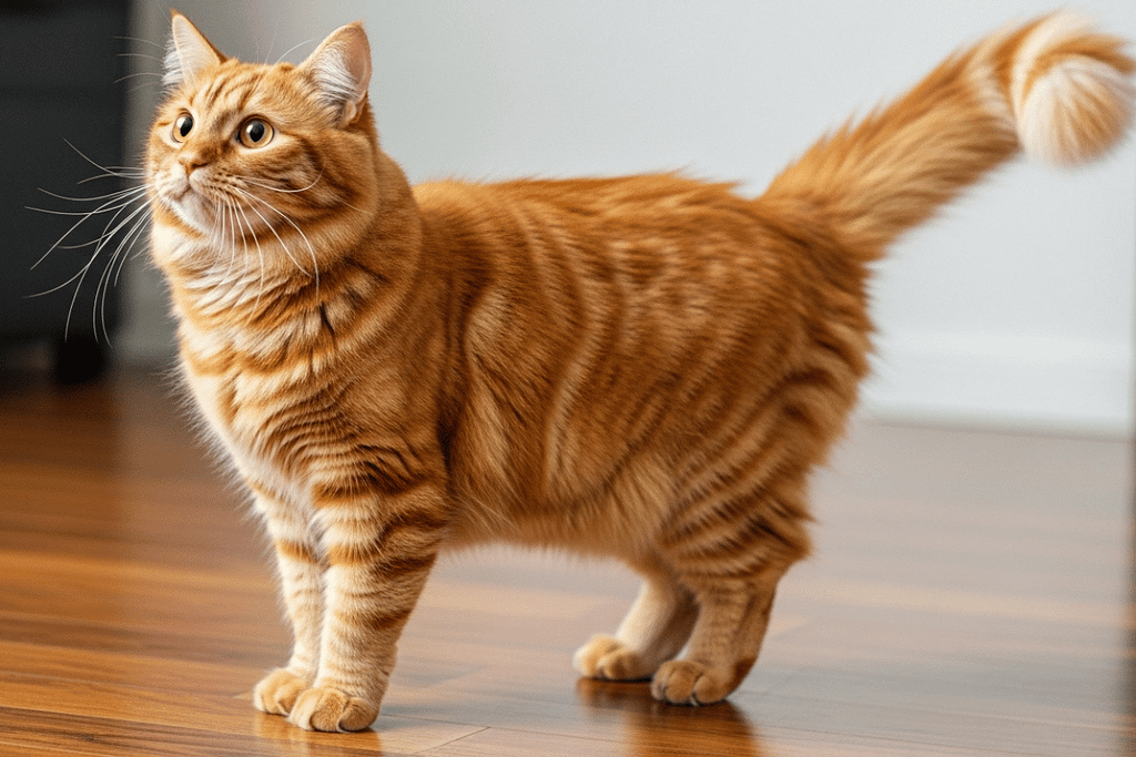 Cat body language guide showing a calm cat in a neutral pose with visible signals such as tail position, ear direction, eye expression, and whisker orientation.”