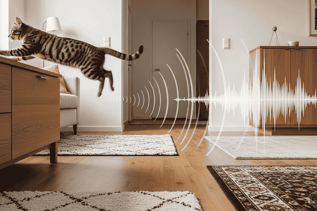 Cat jumping and playing in modern home interior showing how feline movement affects floor vibration and acoustic environment