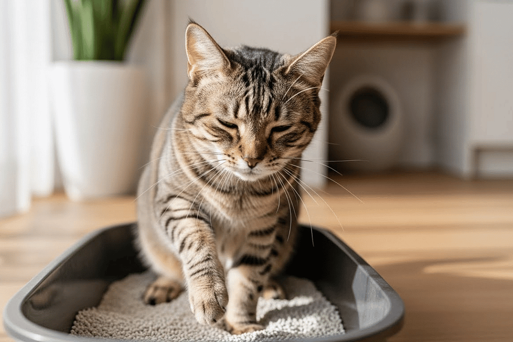 senior cat evaluating senior cat litter texture on top of a low-entry litter box, testing substrate stability, traction and paw sensitivity with careful weight distribution.