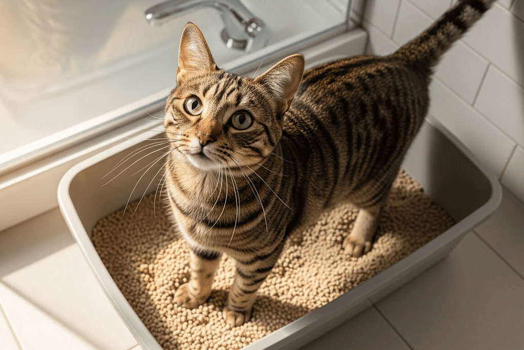 Cat paw stepping into a litter box, showing cat litter texture with visible grain size and substrate stability during weight shifting.