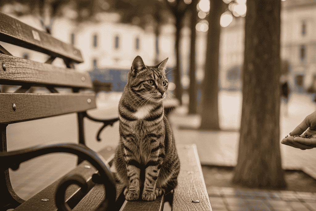 Charlie, a rescued community cat, resting calmly in a city square after recovery.