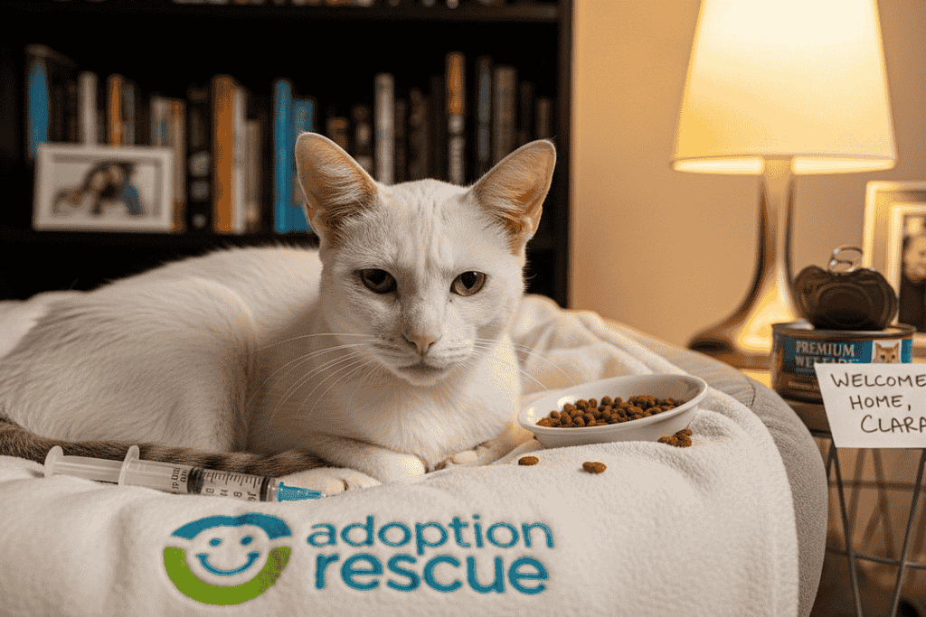 Senior cat Clara, age 16, resting safely on soft blankets with gentle, curious eyes, showing her recovery after being rescued