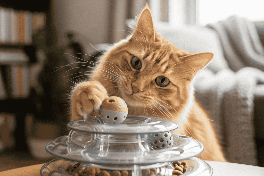Orange cat using a multi-level foraging puzzle feeder to get kibble during its cat enrichment routine.