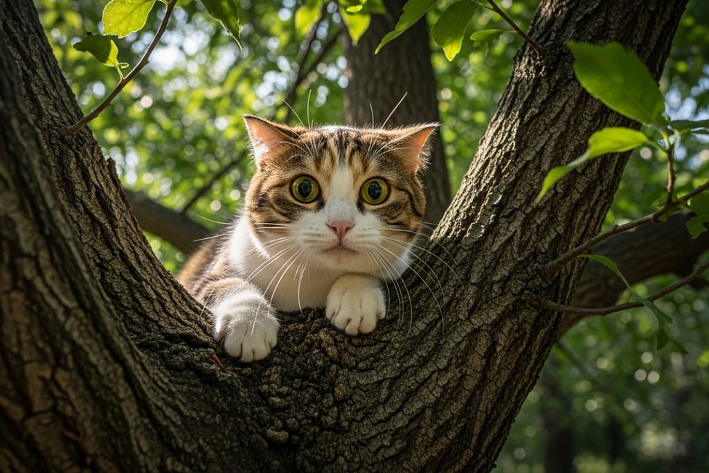 Frightened cat high up in a tree, showing a sudden change in cat behavior.